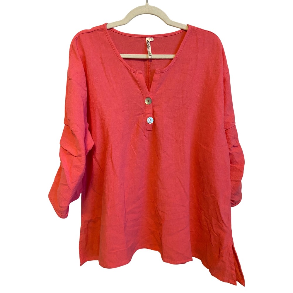Lulu-B Womens XL Coral Pink 100% Cotton Gauze Tunic 3/4 Sleeve Button Top